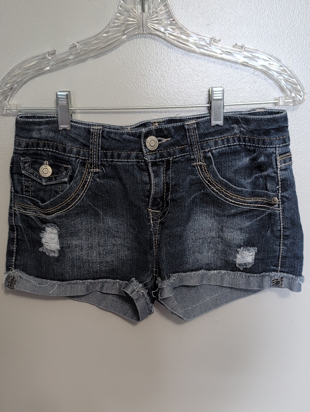 Y2K Wallflower Dark Wash Distressed Denim Roll-Cuff Shorts Juniors 5